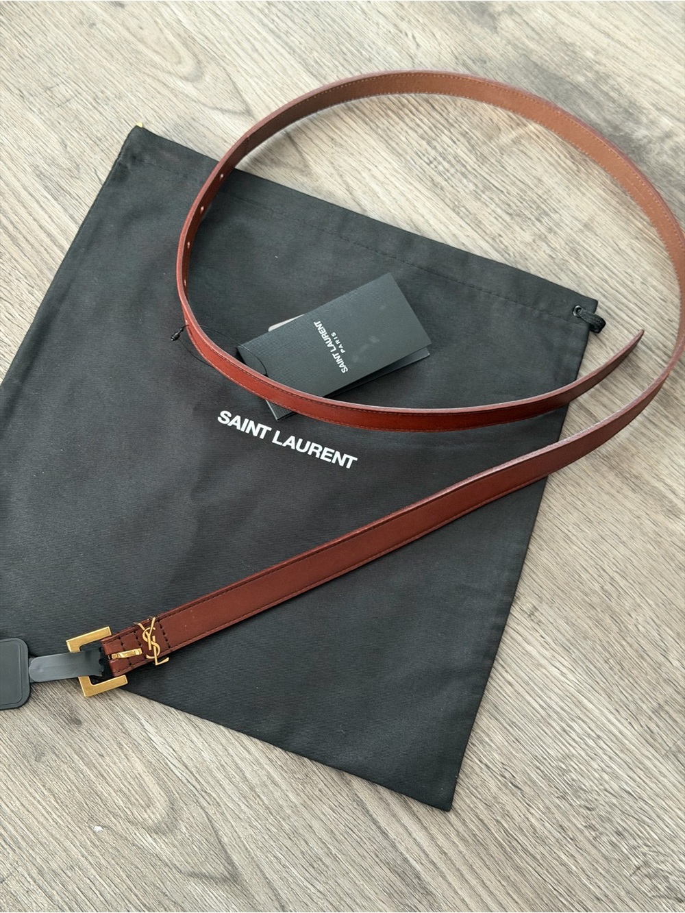 Saint Laurent YSL Brown Leather Belt Gold Logo Buckle Size 85 NWT